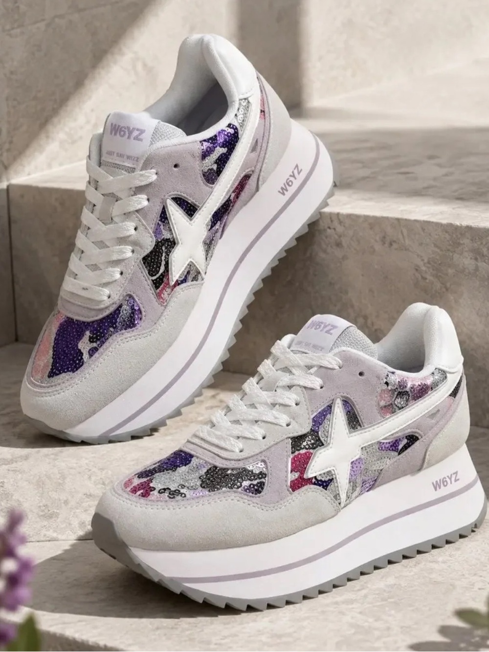 W6YZ Platform Sneakers EU 38 US 6.5 Lilac Purple Sequin Camo Italy MSRP $330
